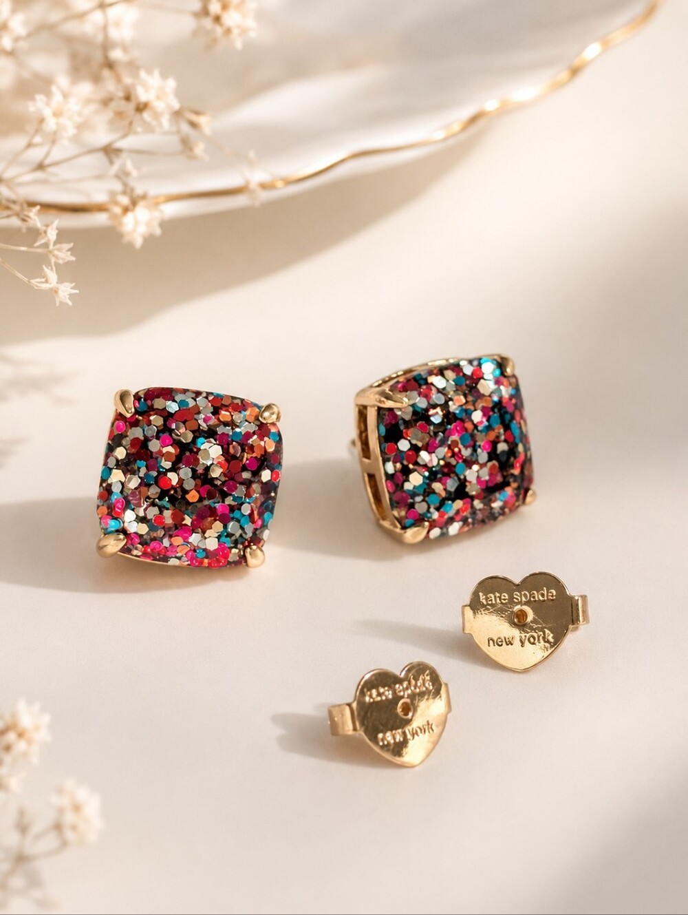 kate spade Multicolor Glitter Square Stud Earrings with Gold Setting